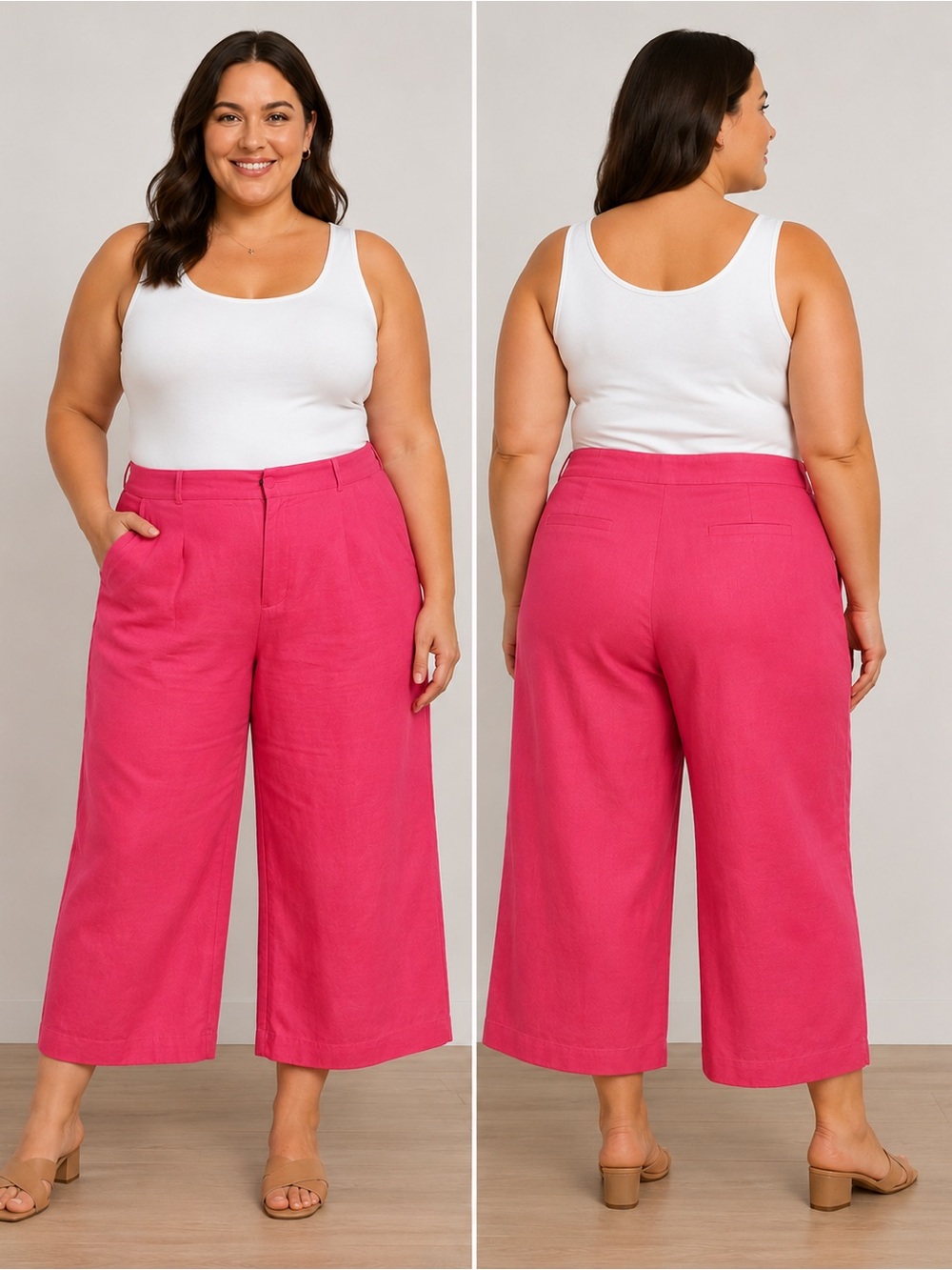 Larry Levine Woman Pink Linen Blend Capri Pants Size 16W Cropped Wide Leg